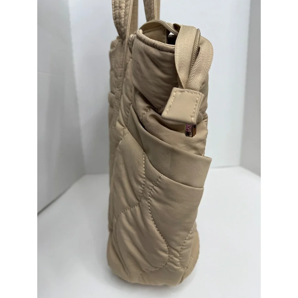 Lovevook Tan Quilted Nylon Tote Bag Padded Laptop Shoulder Bag Beige Large